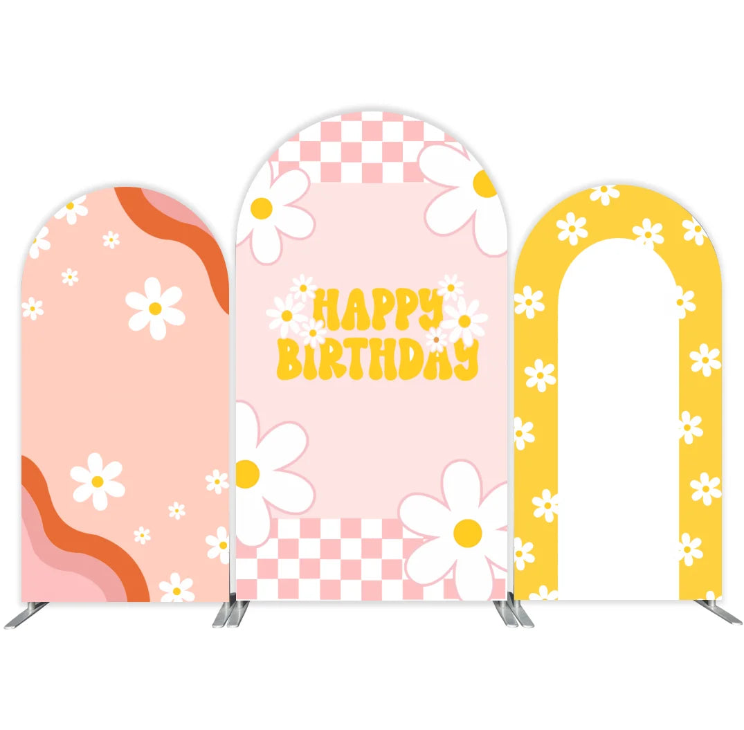 Color Groovy Sun Daisy Happy Birthday Arch Backdrop Cover Custom Fabric Cover Decoration Fabric for Festival Party Event
