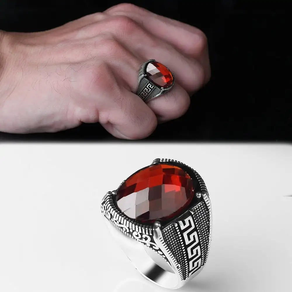 Turkey Azuris VALKH1440 925 Sterling Silver Men's Ring Ottoman Style Natural Black Stone