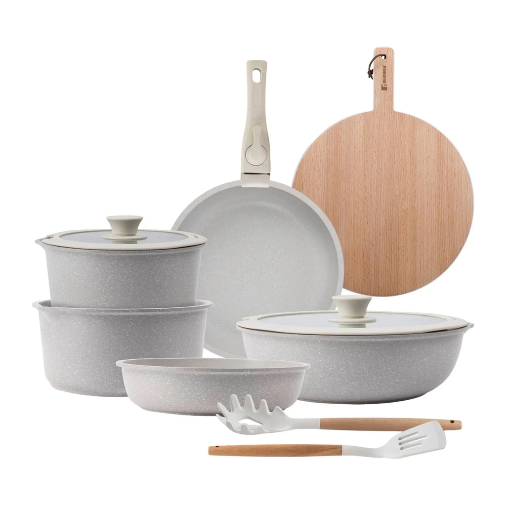 10-Piece Cookware Set Beige/Removable Handle 3 Frying Pans 2 Saucepans Lids and Utensils + Round Beechwood Cutting Board