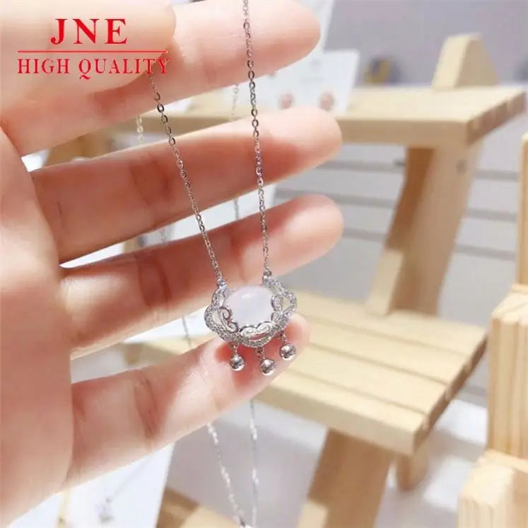 Silver Necklace White Chalcedony Xiangyun Safety Lock Necklace Women's Fashion Lock of Good Wishes Pendant Bell Birthday Gift