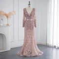 Jancember LSCZ73 Elegant Pink Pattern V-neck  Organza Full Sleeve Mermaid Evening Dress