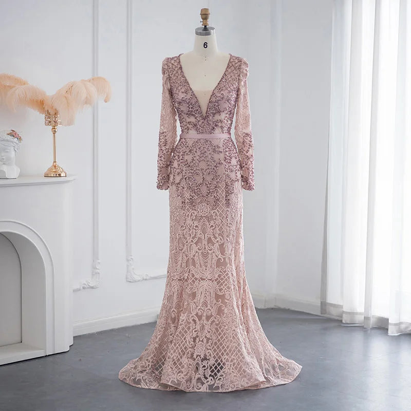 Jancember LSCZ73 Elegant Pink Pattern V-neck  Organza Full Sleeve Mermaid Evening Dress