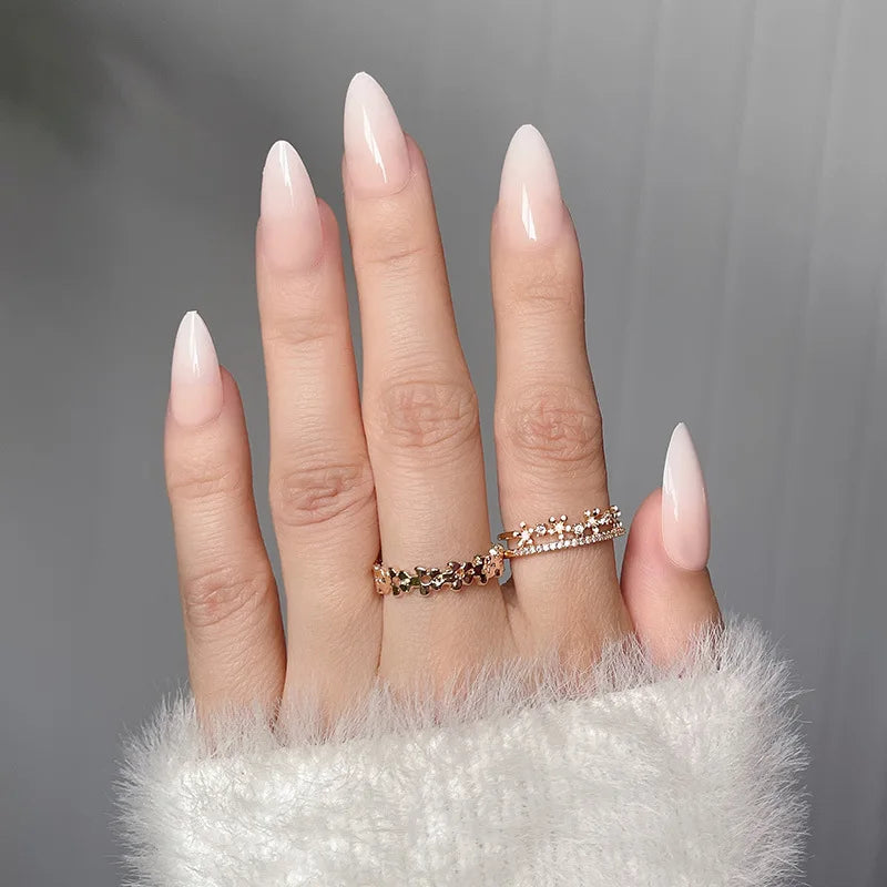 24Pcs Almond Fake Nail Tips Gradient Color Whitening ABS Press on Nails Finger Short Length Wholesale with Nail File