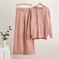 Two Piece Casual Set Fashion Temperament Autumn Winter Knit Hoodie Drawstring Thread Women Sweater Set Wide Leg Pants