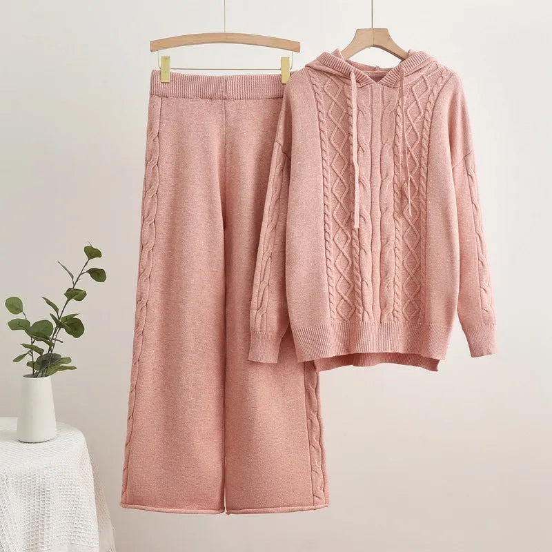 Two Piece Casual Set Fashion Temperament Autumn Winter Knit Hoodie Drawstring Thread Women Sweater Set Wide Leg Pants