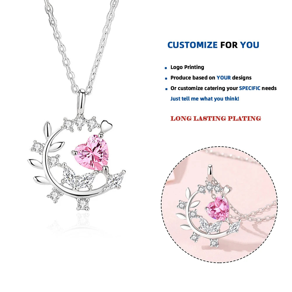 FDXZ-195 925 Silver Pink Heart Crescent Shaped Branch Necklace for Female Light Luxury Zircon Simplicity Gift for Girlfriend