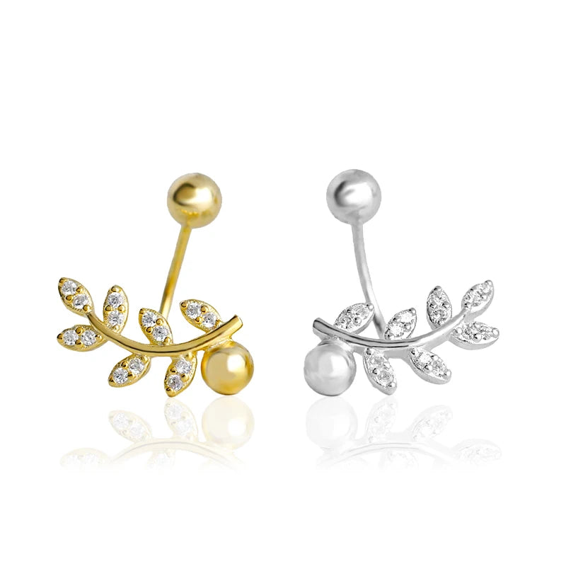 EH1573  Korean Elegant Rhodium Gold Plated 925 Sterling Silver Cubic Zirconia Leaf Shape Ball Cartilage Stud Earrings Women
