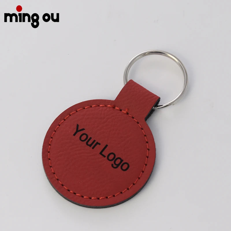Laserable Leatherette Keychain Custom Made Your Own Logo Keyring PU Keychain Round Shape Leather Keychain