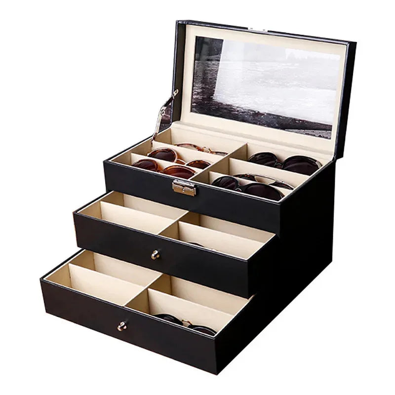 Wholesale 18 Grids Three Layers PU Leather Glasses Storage Box Case Sunglasses Eyewear Display Organizer Boxes