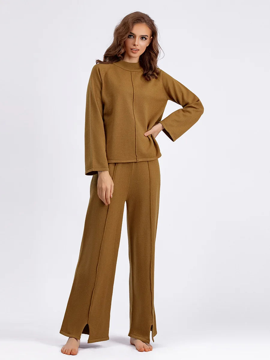 Autumn and Winter Loose Solid Color Pullover Sweater Two-piece Set with Slit Knitted Wide Leg Pants Set