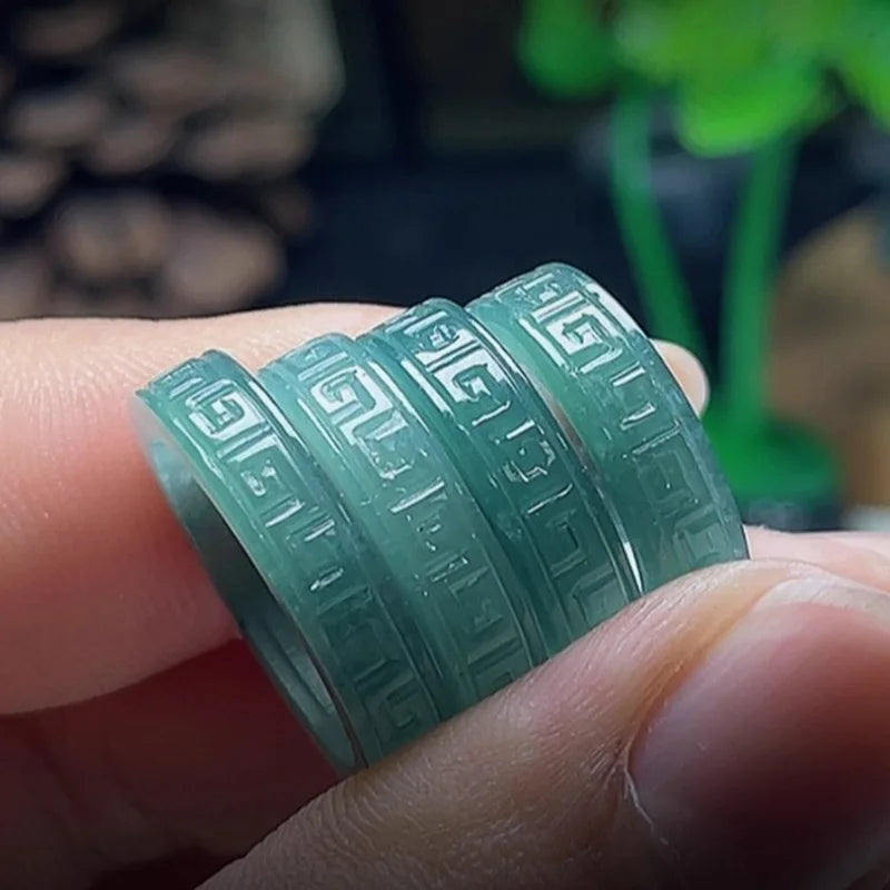 PFT Natural A-grade Ice Type Jade Square Ring Blue Water Antique Pattern Personalized Unisex Jade Ring for Party & Gift MegaBDM