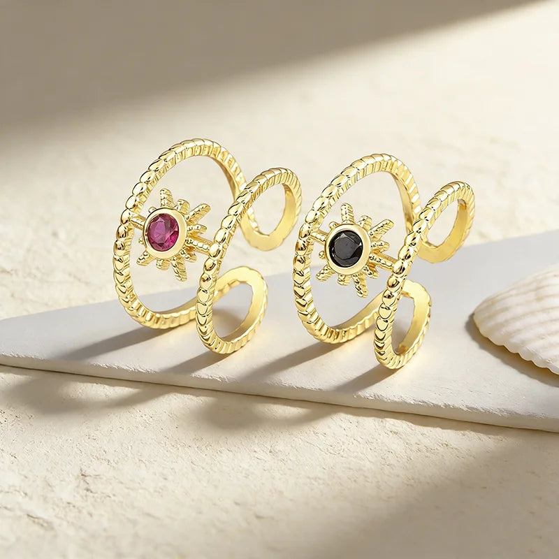 QIKU Classic Luxury Sun Shape Copper Zircon Women Rings Adjustable Opening Engagement Jewelry Decoration Anniversary Party Gift