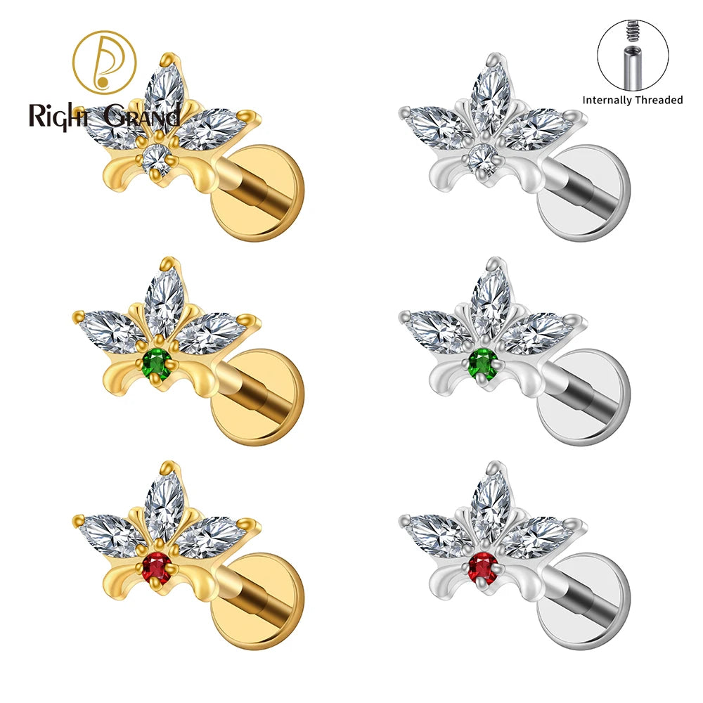 ASTM F136 Titanium 16G Internal Thread Triple Marquise Flower CZ Labret Stud Helix Conch Cartilage Tragus Flat Back Piercing