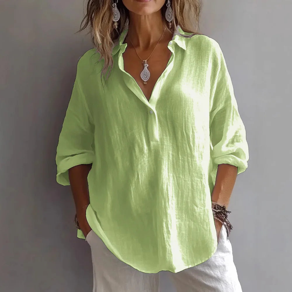 2025 Spring/Summer European and American Women's Solid-Color Casual Loose-Fit Long-Sleeve Linen V-Neck Blouse