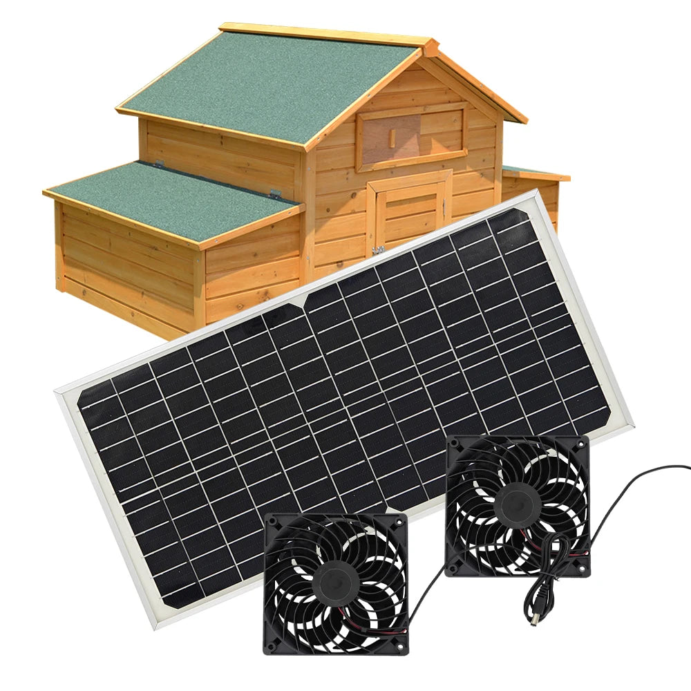 Solar Powered Dual Weatherproof Fan 2 Set Fan with 1 Solar Panel for Chicken Coop/Greenhouse/Shed/Pet House