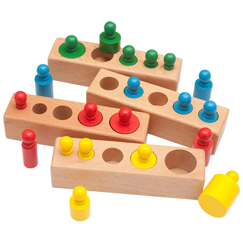 Early Educational Montessori Toys Wood Multicolor Blocks Colorful Socket Knobbed Cylinder Set
