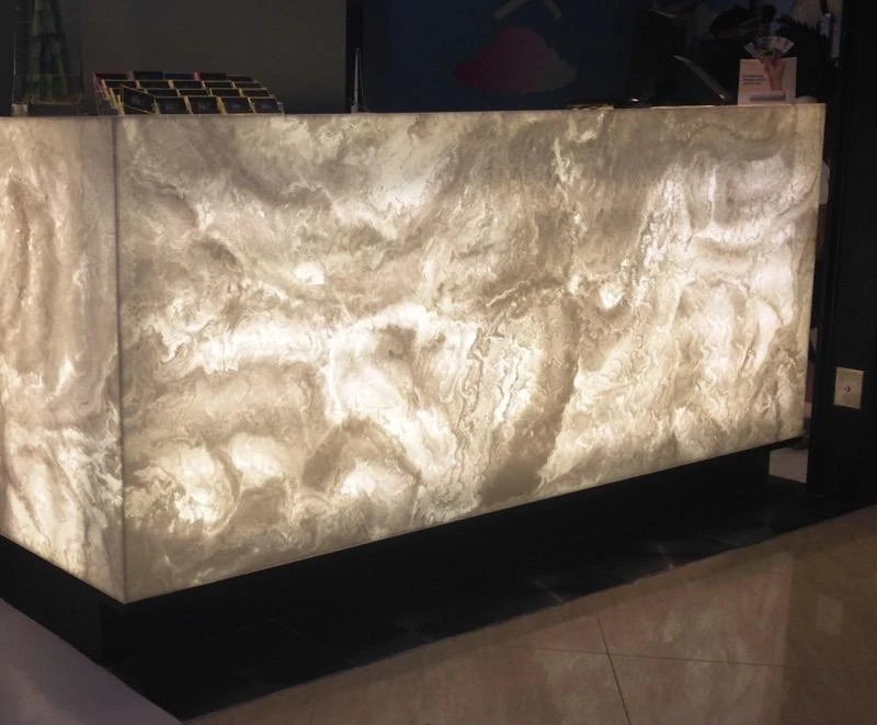 Modern Solid Surface Artificial Stone Custom Size Seamless Countertop Integrated Sink Backlit Logo Option Five Year Warranty