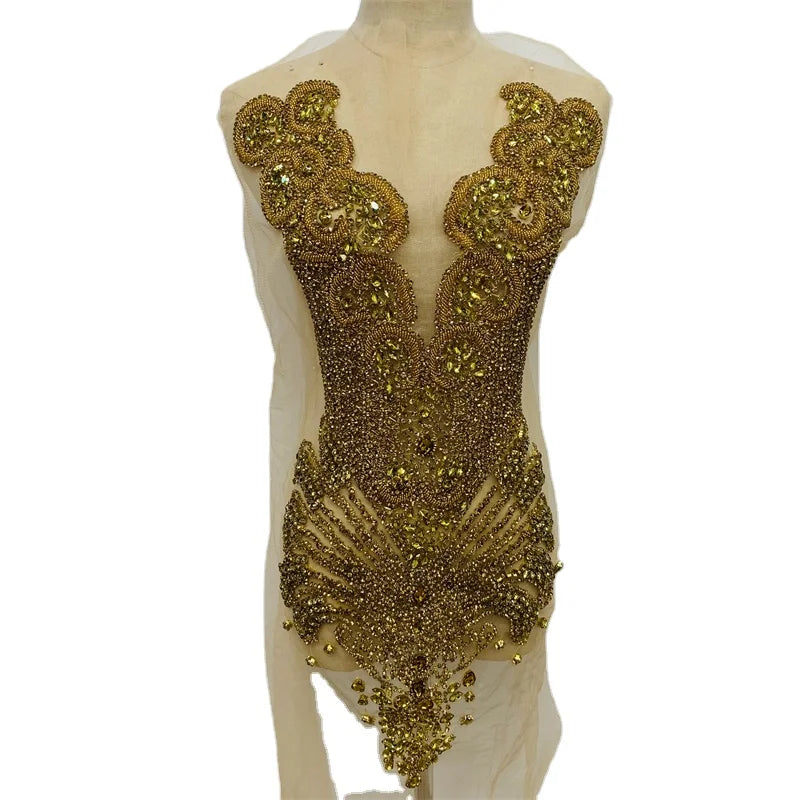 Newest Crystal Bridal Applique Bodice Rhinestone Applique Heavy Industry Hand Crochet Long Dresses Sewing on Wedding Fabric