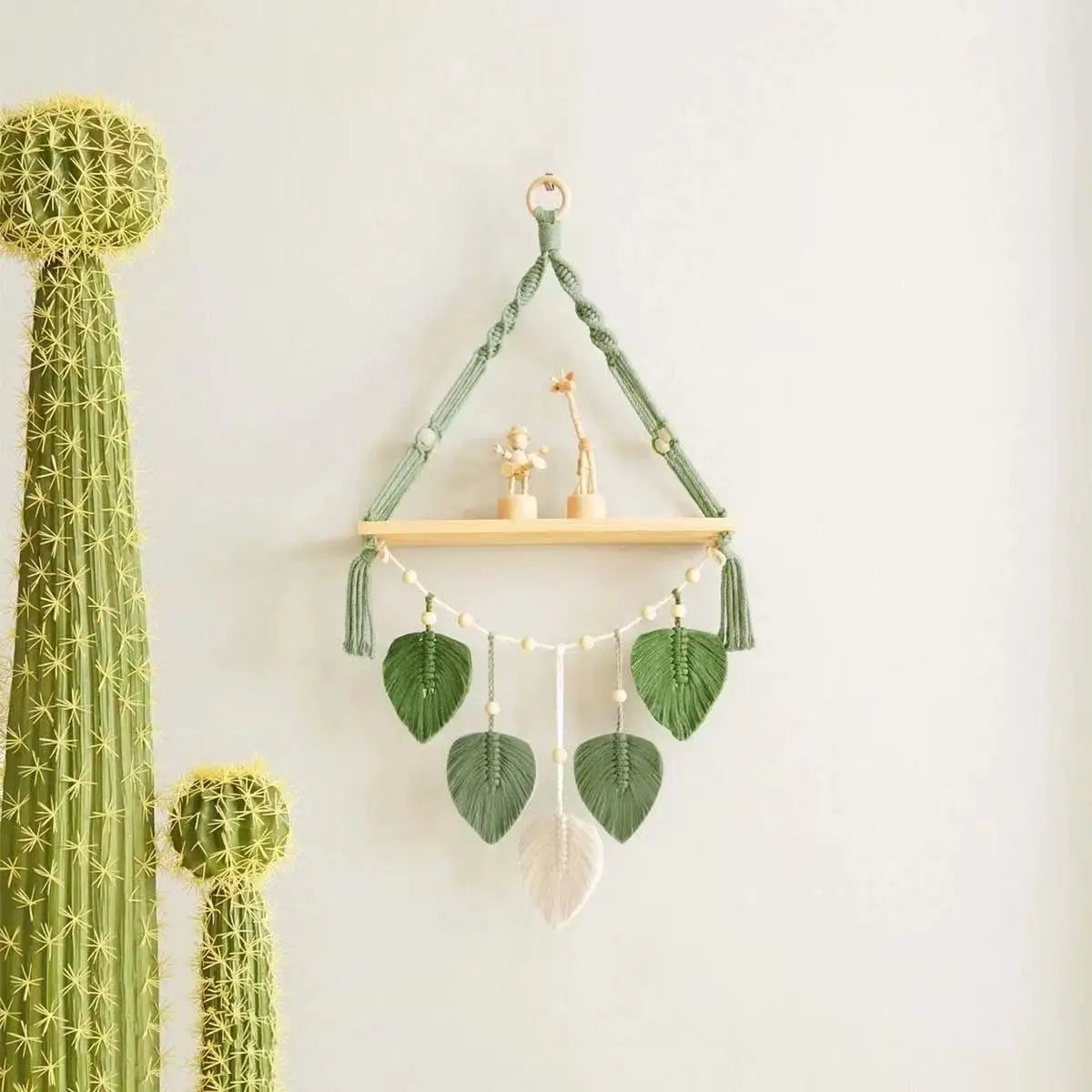 Boho Macrame Hanging Shelf with Leaf Tassel Garland Handmade Cotton Rope Floating Wooden Rack for Plants & Home Wall Decor
