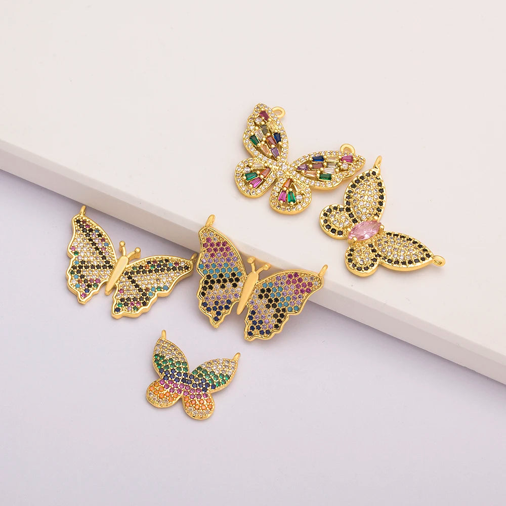 QIKU Chic Colorful Stones Butterfly Series Charms 18K Gold Plated Copper Zircon Pendants for Diy Jewelry Necklace Making Online
