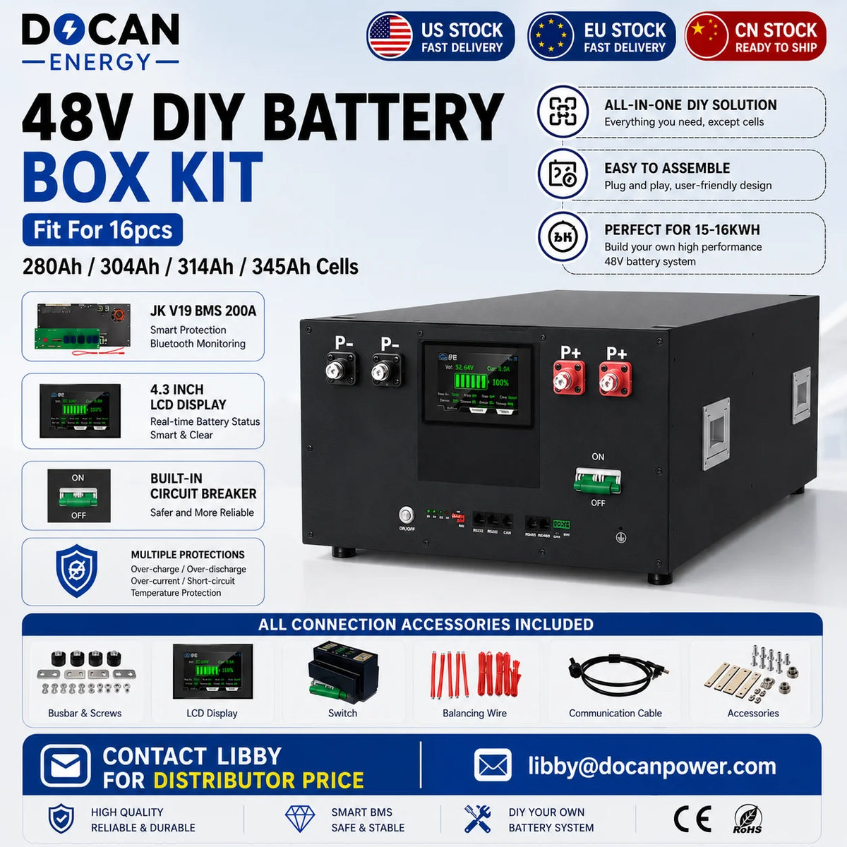 EU Stock 48v DIY Kits 51.2V 15Kwh LiFePO4 Battery Box JK PB2A16S20P Inverter BMS 4.3 Inch Touch LCD Horizontal Metal Box Kit MegaBDM