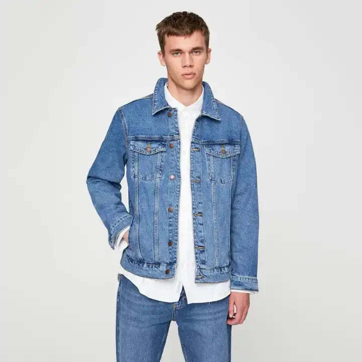 Classic Men's Washed Blue Denim Jacket With Custom Embroidery Motorcycle Jean Style Outerwear