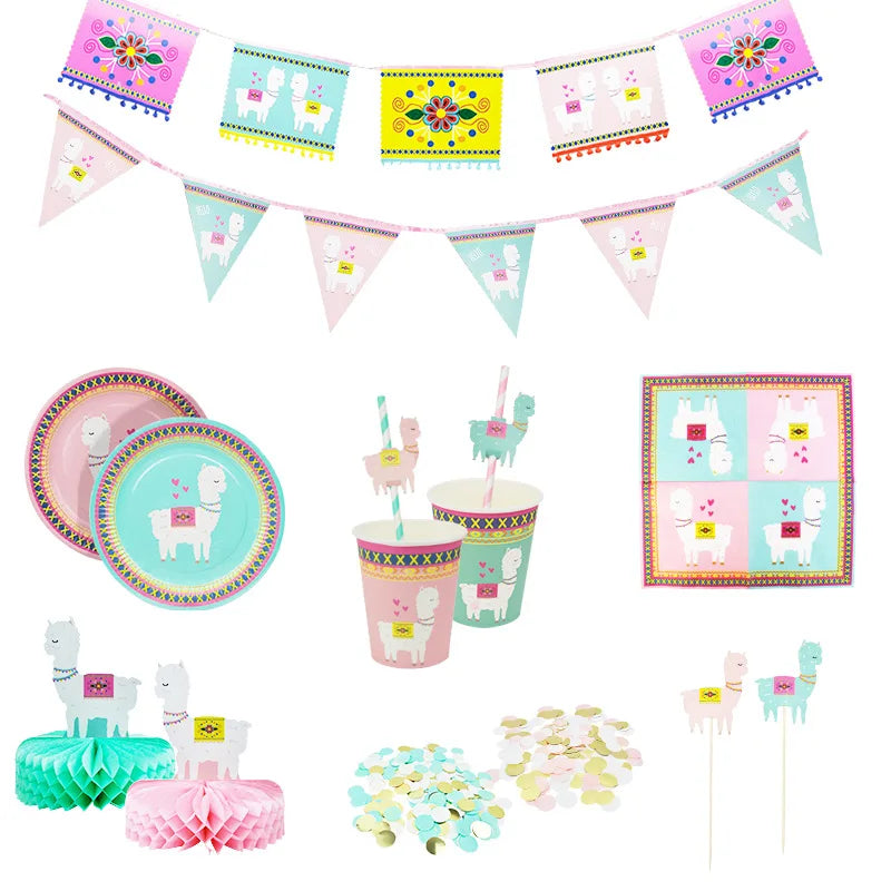 Cute Cartoon Alpaca Birthday Party Kids Decor Disposable Tableware Set Paper Cups Paper Plates Mexican Party Decor