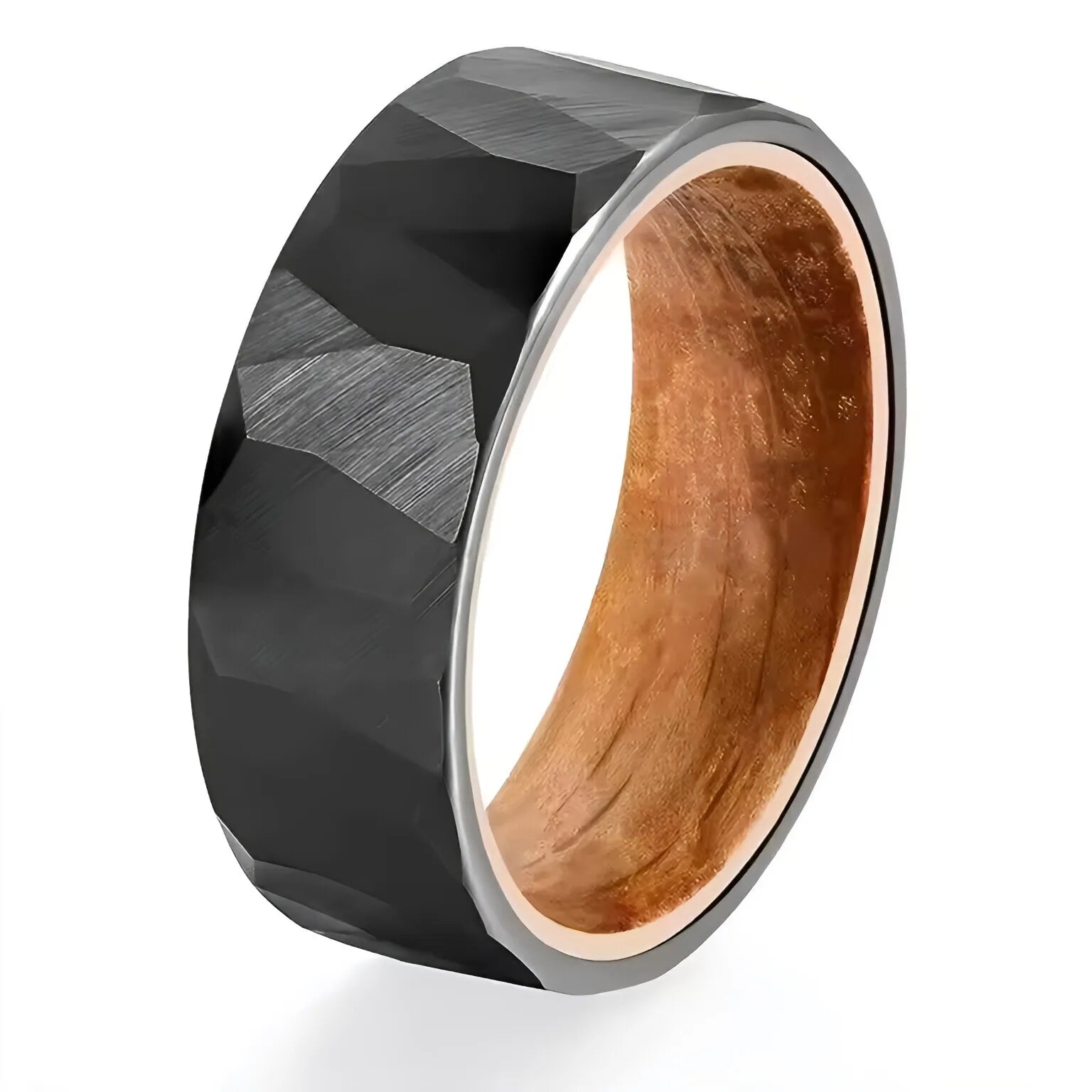 POYA 8mm Black Tungsten Hammered Ring Whiskey Barrel Oak Wood Classic Style for Men Christian Wedding or Engagement Gift