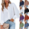 2025 Women's Long-Sleeve Loose Shirt with Button Front Lantern Sleeves Pleats Solid Color and Turn-Down Collar