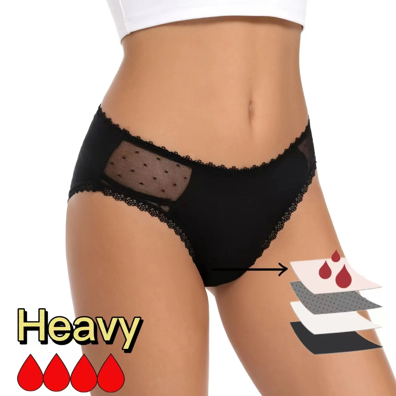 Sheer Polka Dot Mesh Menstrual Underwear Delicate Scalloped Lace Trim Skin Friendly Stretchy Mid Rise Period Panties