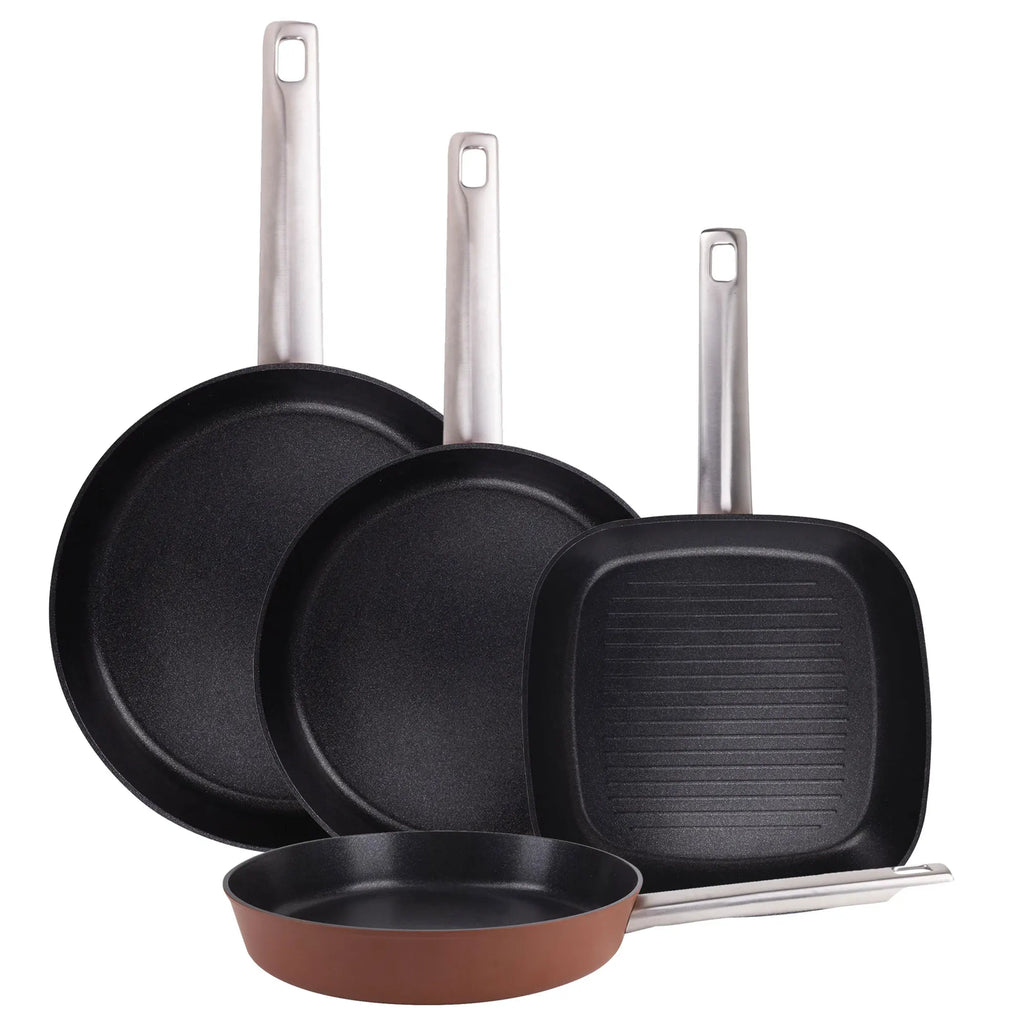 Set of 3 Frying Pans 242830cm + Grill Pan 24x24cm in Forged Aluminum AGROS San Ignacio