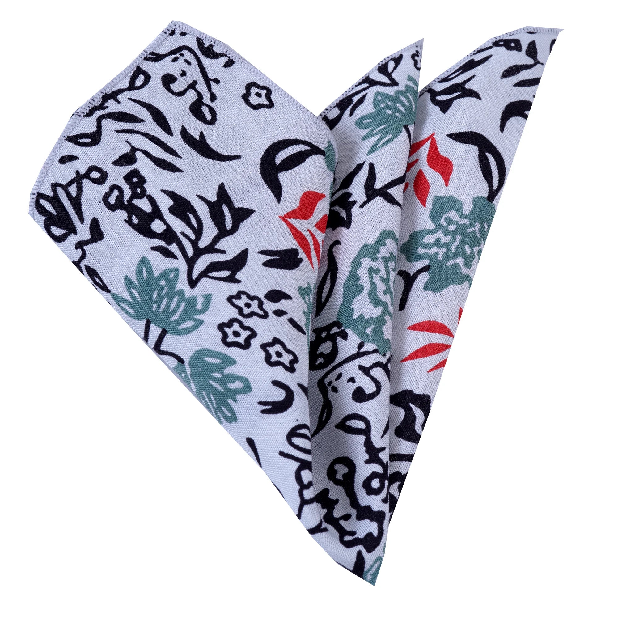 White with Green and Black Floral Printed Viscose Neckerchief