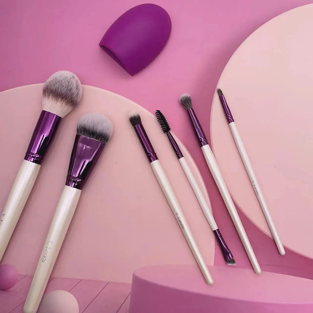 YRX A174 Luxurious 6pc Makeup Brush Set Soft Synthetic Make up Brush Pearl White Foundation Brush Blending With Cleaning Disc