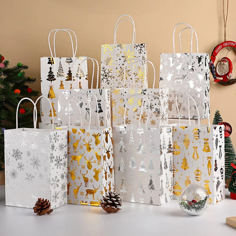 Festive Christmas White Kraft Paper Gift Bags with Cartoon Tree Design for Holiday Parties and Snack Packaging