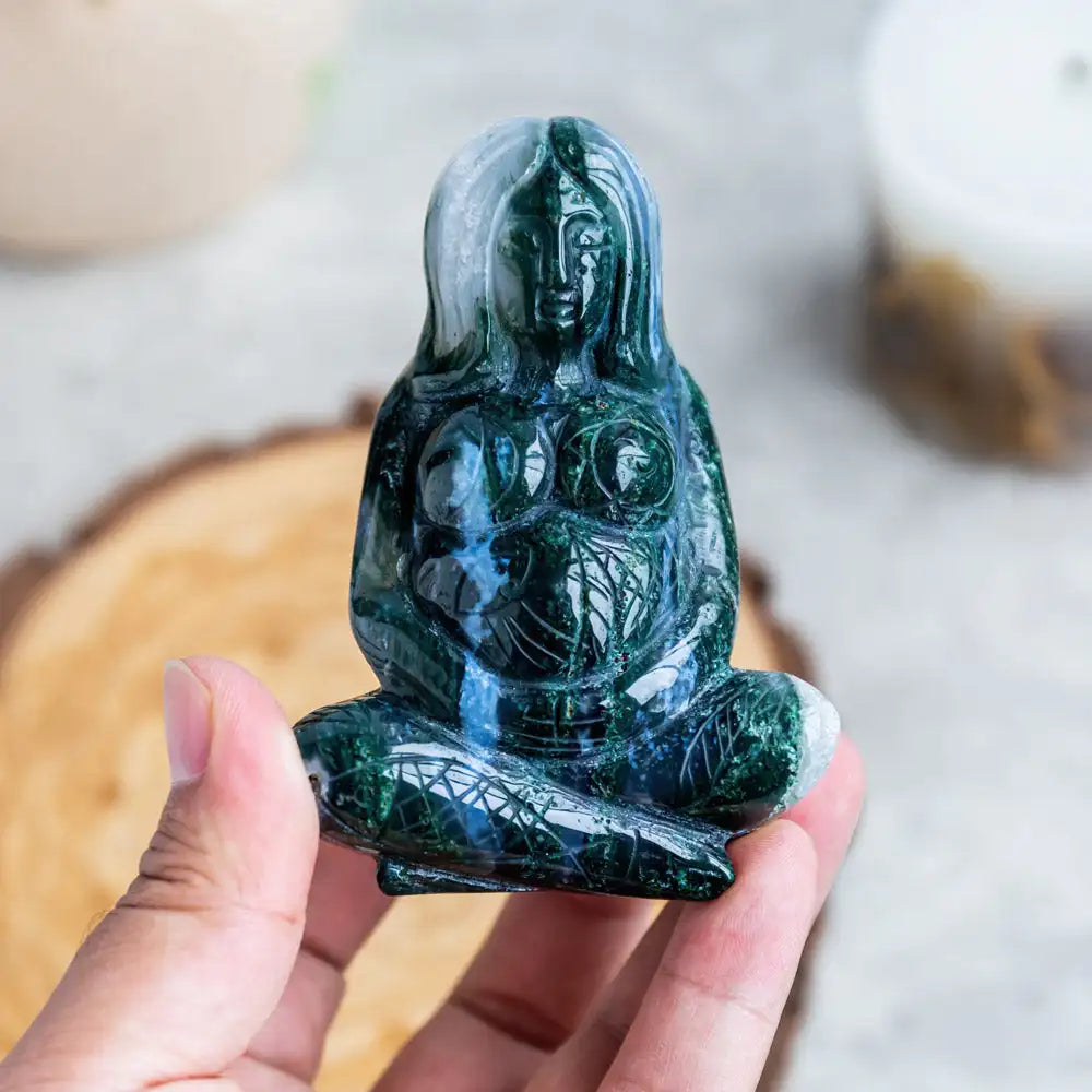 Wholesale Natural Polished Moss Agate Mother of Earth Crystal Carving with Custom Logo for Healing Home Decor and Earth Day
