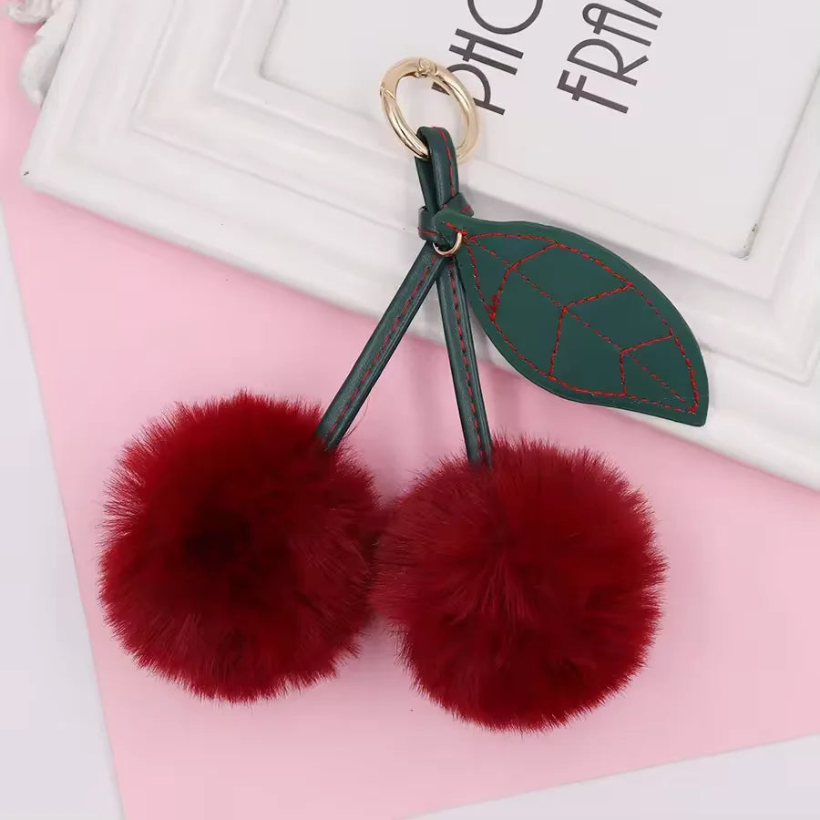 HOT Cartoon Mini Fruit Cherry Keychain Fur Ball Pom Pom Keychain Pompom Key Chains Plush Ball Accessories Handbag Pendant