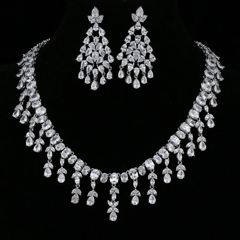 Wholesale Religious Peace Engagement Bridal Brass Cubic Zirconia Wedding Necklace and Earrings Jewelry Sets