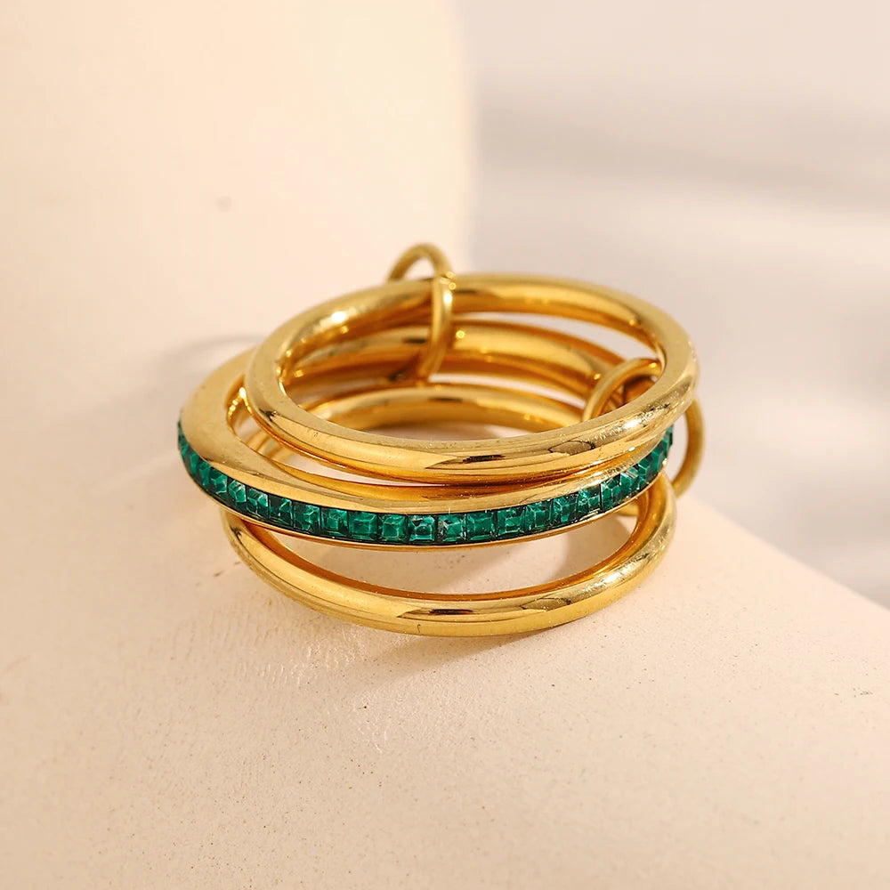 Dreamshow Three Layer Fashion Jewelry Rings Green Zircon Gold Plated Jewelry Waterproof Stainless Steel Rings