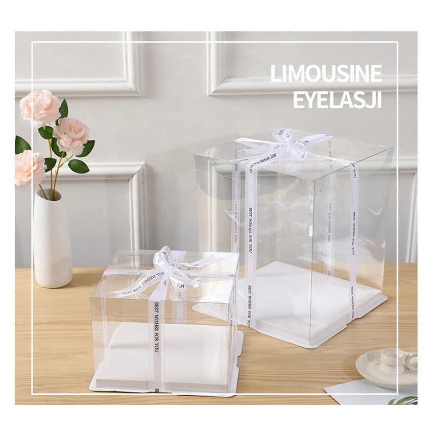 Wedding Birthday Transparent Dessert Cake Packaging Box With Ribbon Custom Logo White Clear Round Square Tall Cajas Para Pastel