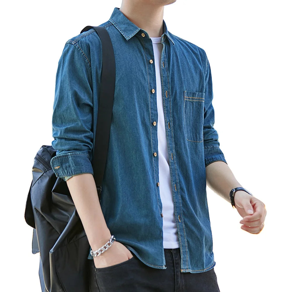 Spring and Summer Denim Men Shirt Cotton Slim Casual Shirt Men