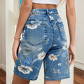 European American Vintage Floral Printed High Waist Denim Shorts Casual Regular Straight Leg Breathable Polyester/Cotton MegaBDM