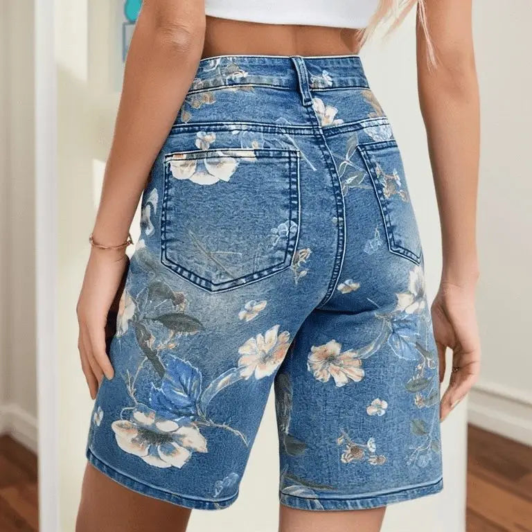 European American Vintage Floral Printed High Waist Denim Shorts Casual Regular Straight Leg Breathable Polyester/Cotton MegaBDM