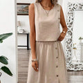 One-Set Mid-Length Vest Shirt Dress Skirt in Canvas Canvas Round Neck Plain Dyed Daily Wear Set
