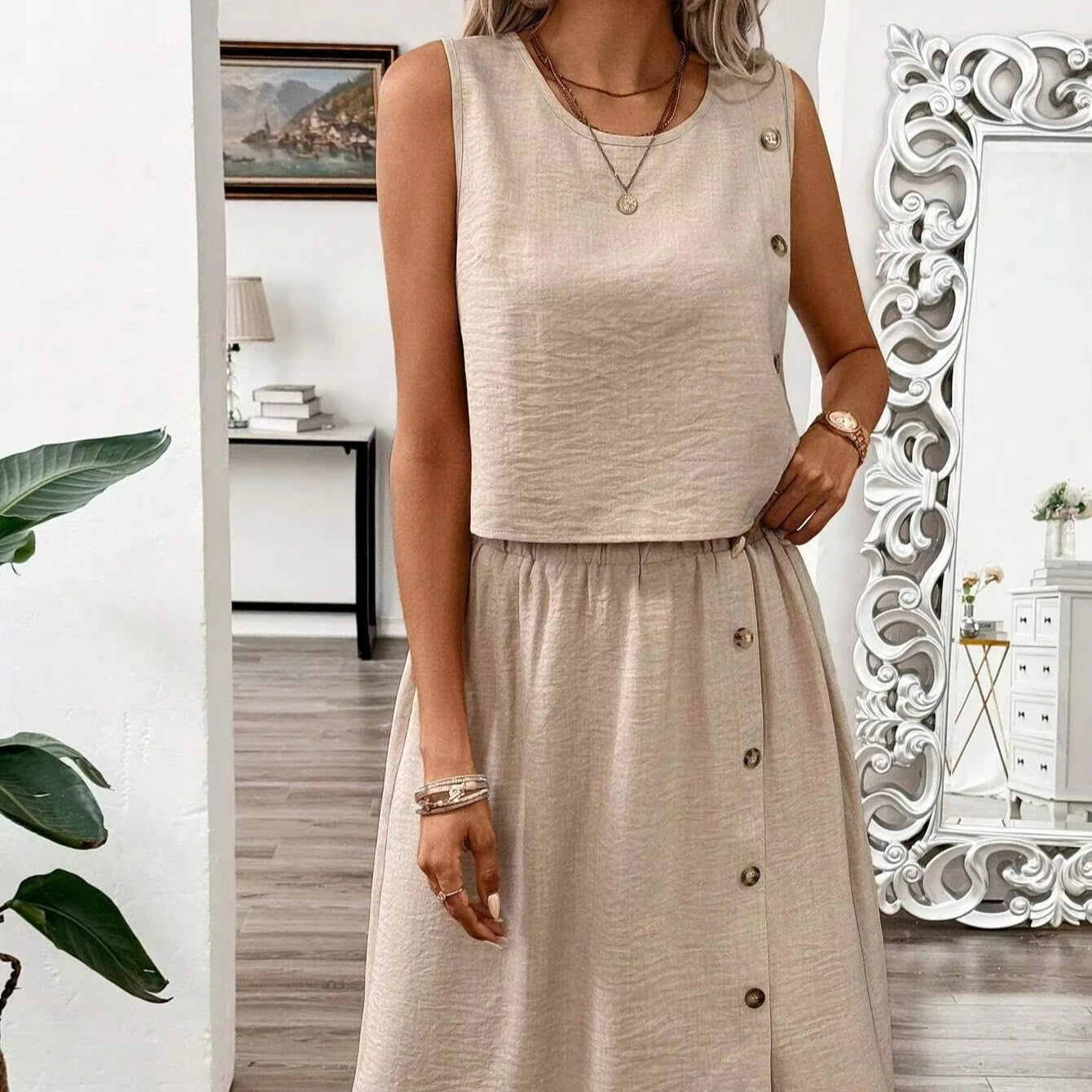 One-Set Mid-Length Vest Shirt Dress Skirt in Canvas Canvas Round Neck Plain Dyed Daily Wear Set