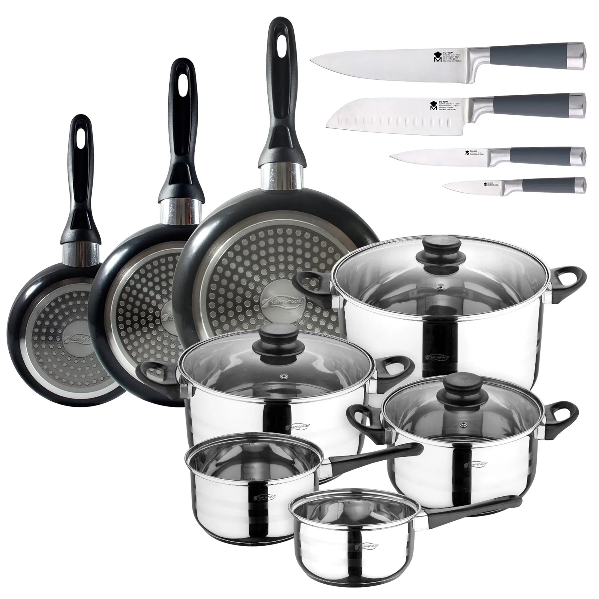8-Piece Cookware Set: 2 saucepans (16 and 18); pots (20 24 and 28) + Set of 3 frying pans (16-20-24 cm) in pressed