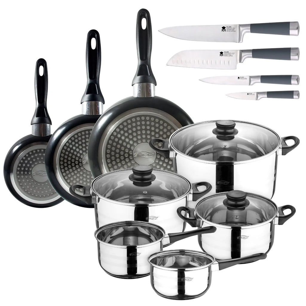 8-Piece Cookware Set: 2 saucepans (16 and 18); pots (20 24 and 28) + Set of 3 frying pans (16-20-24 cm) in pressed