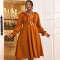 AM040804 a Line Autumn Long Lantern Sleeve V Neck Beaded Casual Dresses With Belt