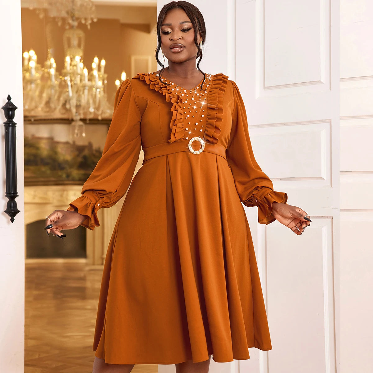 AM040804 a Line Autumn Long Lantern Sleeve V Neck Beaded Casual Dresses With Belt