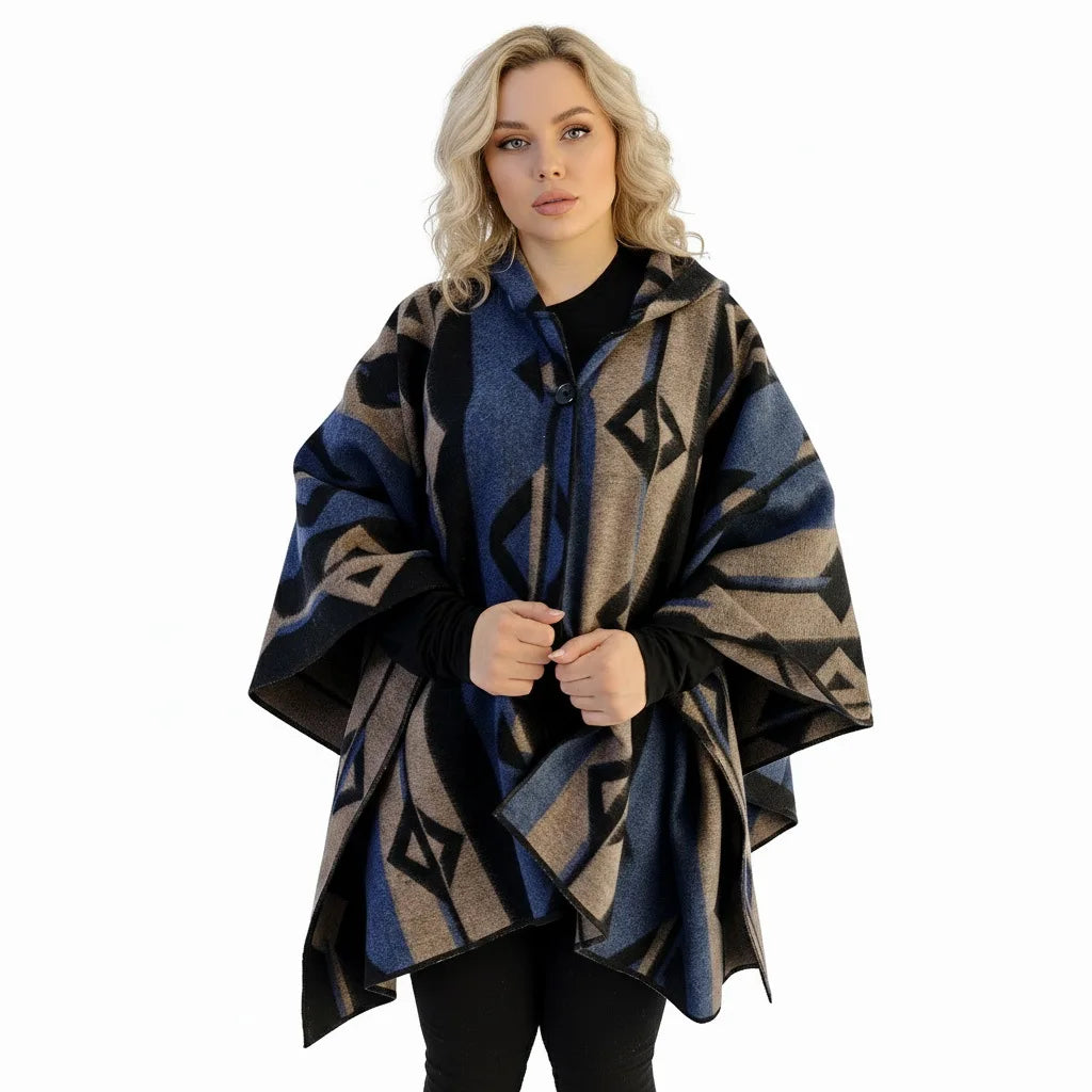 Exve Exclusive Blue Beige Black Ethnic Patterned Wool Warm Poncho Hood Unisex Winter Shawl Turkey Camping Men Women PK-BLU-D