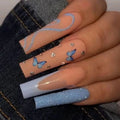 Factory Wholesale 24Pcs Blue Butterfly Rhinestone Coffin False Nails Long Press-on ABS Finger Nails with Nail Glue Design Style